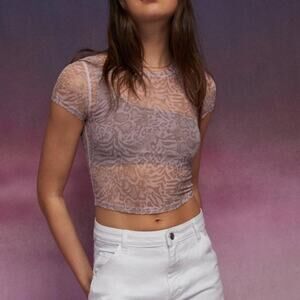 Aritzia TNA Brooklyn Pink Animal Print Mesh Sheer Crew Short Sleeve Crop Top S